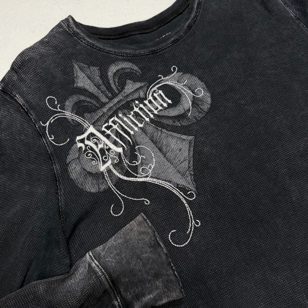 Affliction Mens Large Black Thermal Waffle Knit Skull Graphic Long Sleeve Shirt